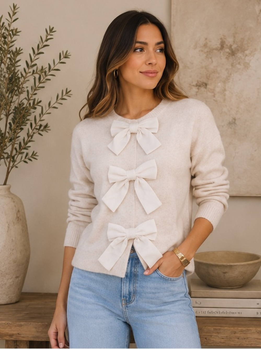FROM PARIS FRANCE 🇫🇷 Elegant Cream Sweater with Bow Accents